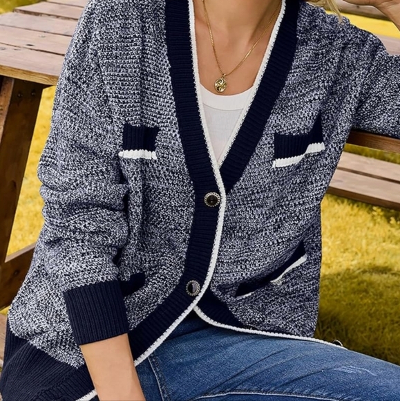 Cardigan Sweaters Open Front Button Down Navy Blue Womens Cardigan with Pockets - Picture 3 of 8